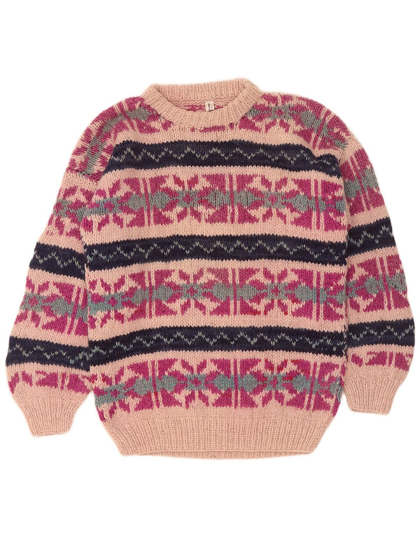 Vintage Damen Pullover mit Rundhalsausschnitt UK 16 Große rosa Fair-Isle-Wolle