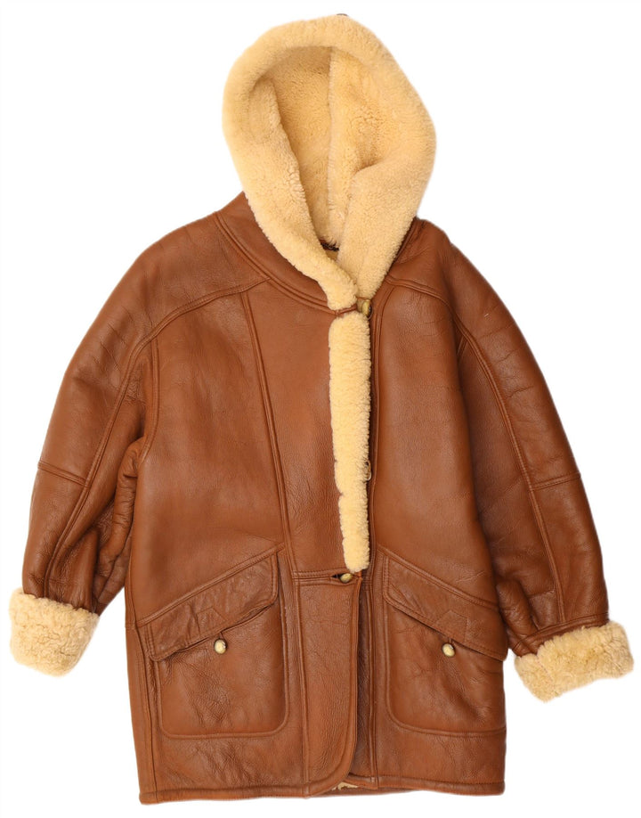 VINTAGE Damen Shearling-Mantel mit Kapuze, UK 16, Large Beige Shearling Classic