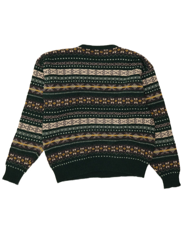 Vintage Mens Crew Neck Jumper Sweater Large Green Fair Isle Virgin Wool