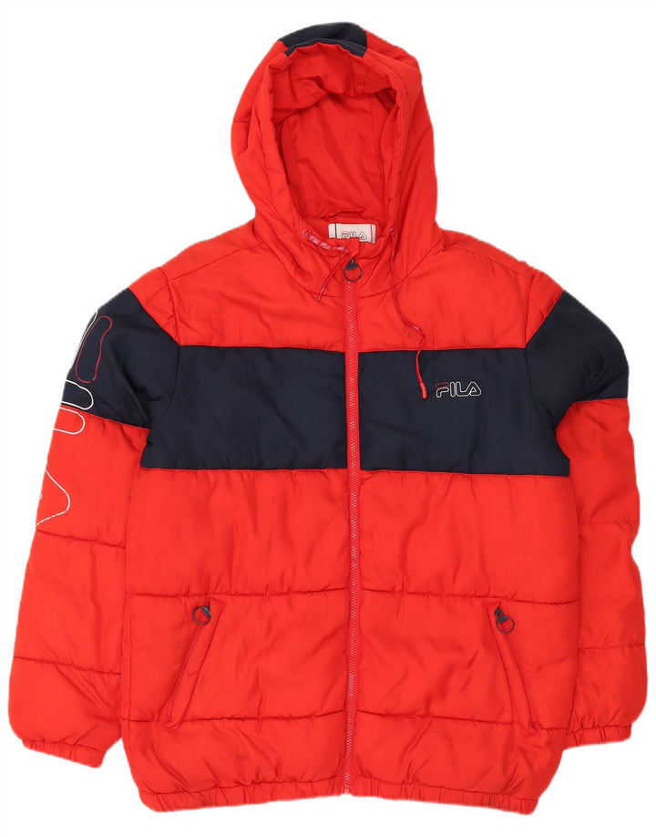 FILA Wattierte Herrenjacke mit grafischer Kapuze, UK 38, Mittelrot, Farbblock