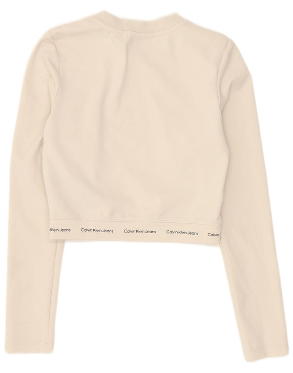 Calvin Klein Jeans Womens Crop Graphic Top Long Sleeve UK 6 XS White