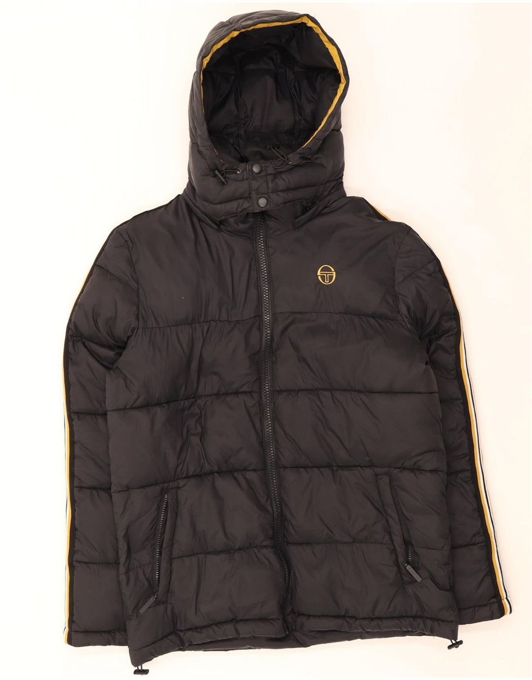 Sergio Tacchini gepolsterte Herrenjacke mit Kapuze, UK 40, großes schwarzes Nylon