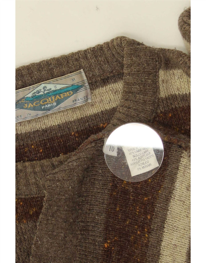 Vintage Herren-Pullover mit Rundhalsausschnitt, mittelgroße Khaki-gestreifte Wolle