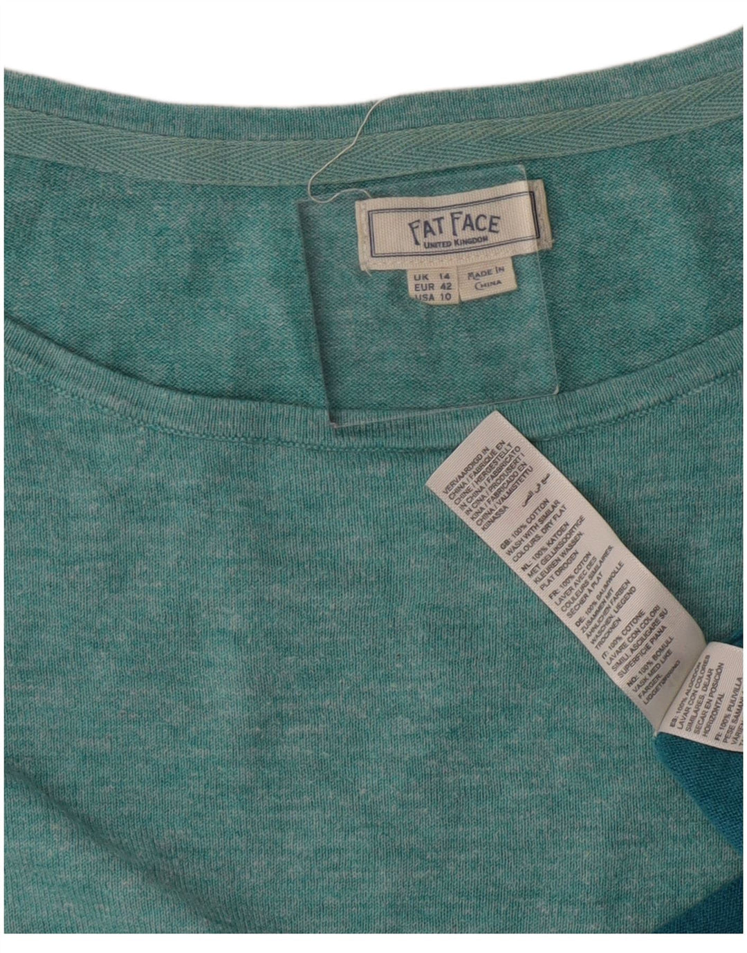 Fat Face Damen-Oberteil, langärmelig, UK-Größe 44, Größe L, Türkis, Colourblock-Baumwolle