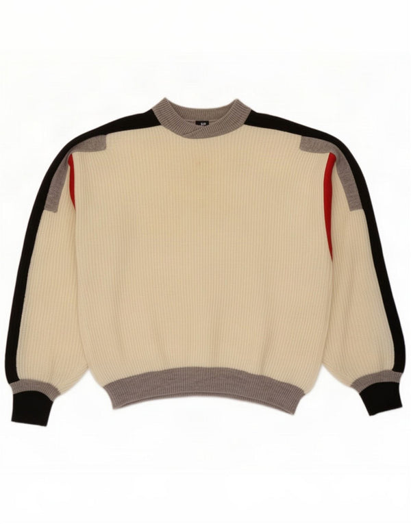 Vintage Mens Turtle Neck Jumper Sweater Large White Colourblock
