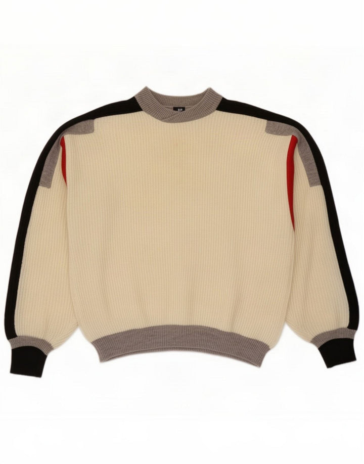 Vintage Herren-Pullover mit Rollkragen, groß, Weiß, Farbblock