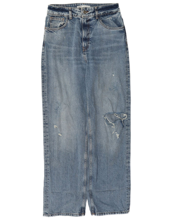 Zara Damen High Waist Distressed Straight Jeans EU 40 Mittel W30 L31 Blau