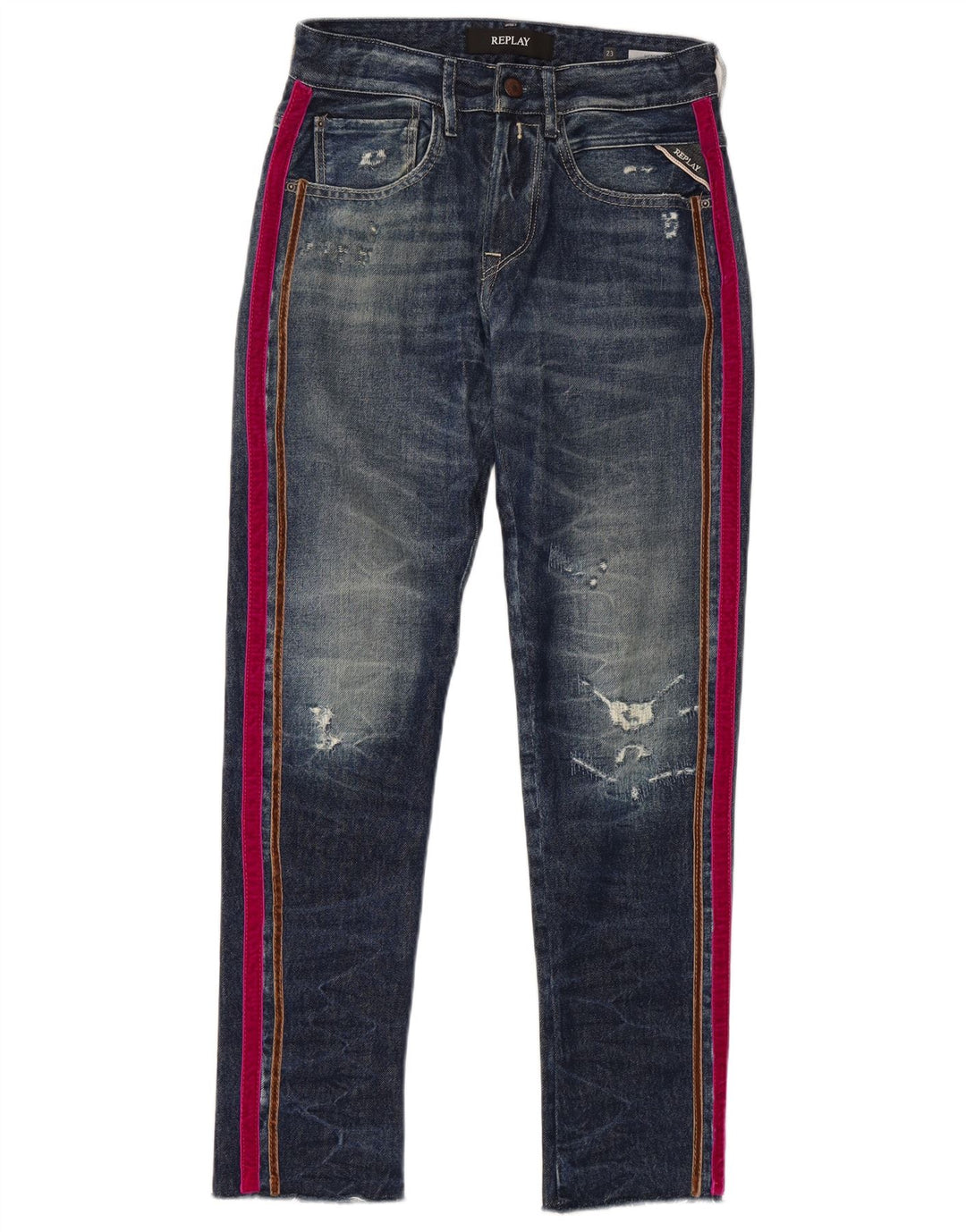 REPLAY Womens Distressed Slim Jeans W23 L28 Blue Colourblock