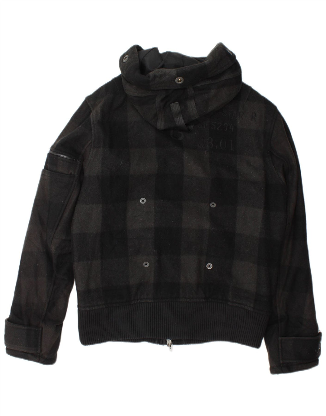 G-Star Herren-Bomberjacke mit Kapuze, UK 40, große, schwarz karierte Wolle