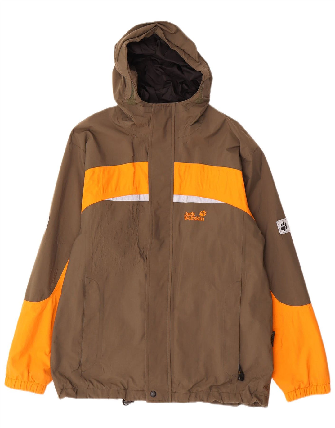 Jack Wolfskin Jungen-Regenjacke mit Kapuze, 13–14 Jahre, braunes Farbblockdesign