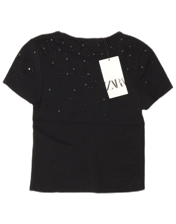 Zara Damen Crop T-Shirt Top UK 8 Small Schwarze Viskose