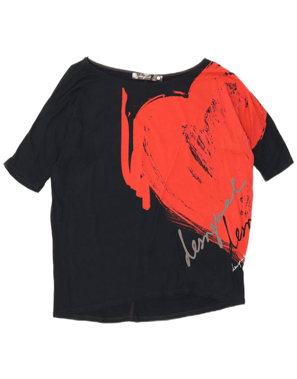 Desigual Womens Loose Fit Graphic Top 3/4 Ärmel UK 14 Mittelschwarze Baumwolle