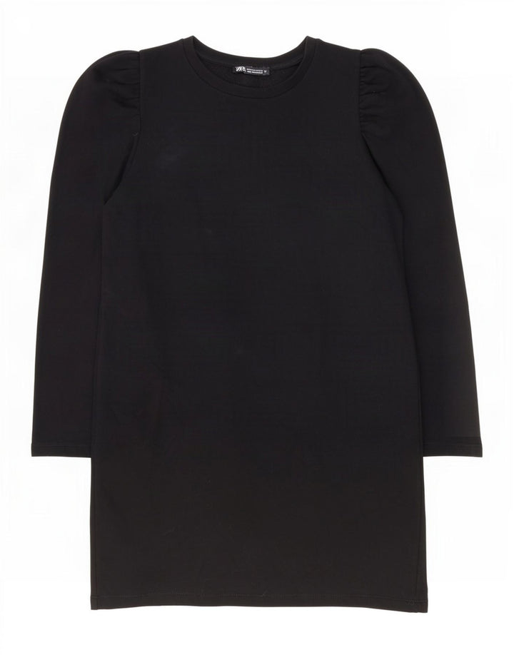 Zara Damen Langarm-Etuikleid UK 14 Mittelschwarze Baumwolle