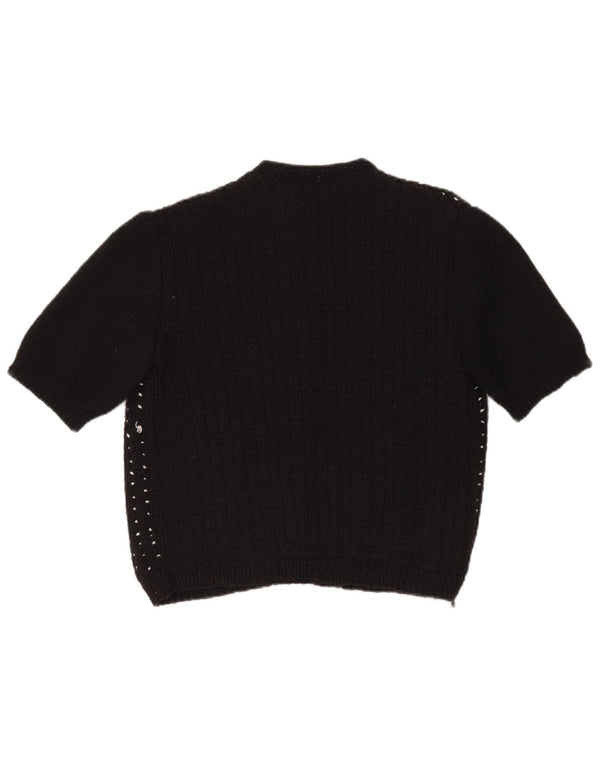 VINTAGE Damen Crop Cardigan Pullover UK 14 Large Schwarz gefleckt
