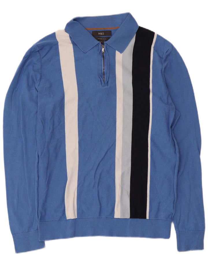 Marks & Spencer Herren-Pullover mit Rollkragen, mittelblau, gestreift, Baumwolle