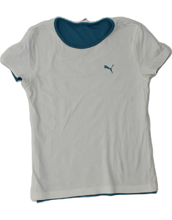 PUMA Womens Reversible Graphic T-Shirt Top UK 12 Medium Blue Colourblock Vintage Puma and Second-Hand Puma from Messina Hembry 