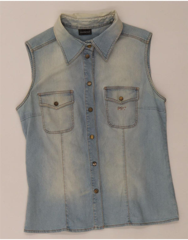 Roccobarocco Damen ärmelloses Jeanshemd IT 48 XL Blaue Baumwolle