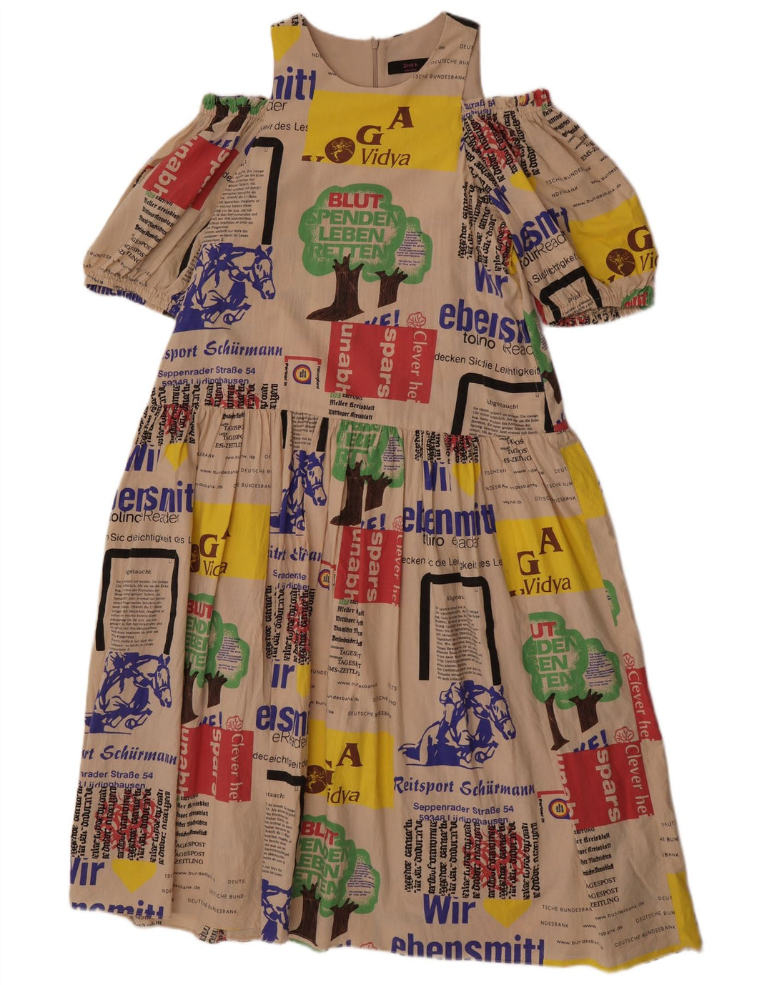 Vintage Damen Grafisches Schulterfreies Kleid UK 14 Medium Beige