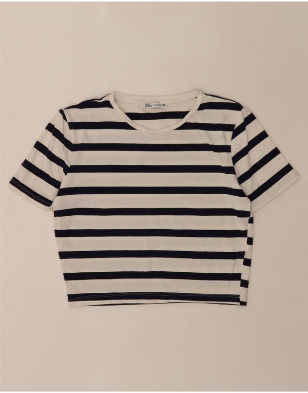 Zara Damen Crop T-Shirt Top UK 14 Large Weiß gestreift