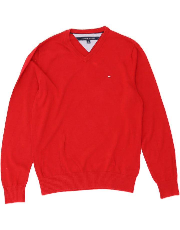 TOMMY HILFIGER Mens V-Neck Jumper Sweater Small Red Cotton Vintage Tommy Hilfiger and Second-Hand Tommy Hilfiger from Messina Hembry 
