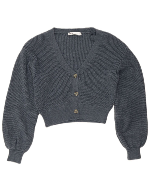 Zara Damen Crop Cardigan Pullover UK 10 Small Marineblaue Baumwolle