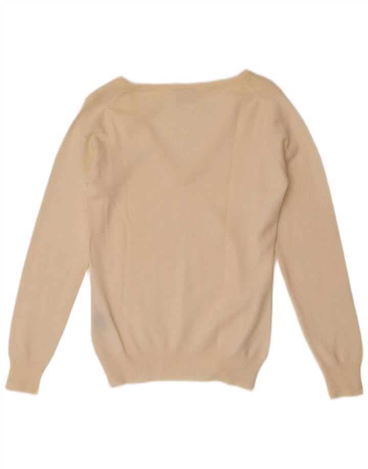 Lacoste Damen-Pullover mit V-Ausschnitt, Größe 38, mittlere, cremefarbene Wolle