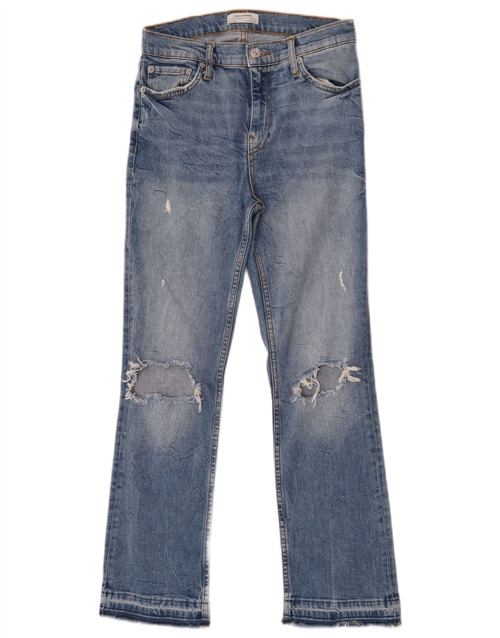 Zara Damen Distressed Bootcut Jeans EU 36 XS W26 L27 Blau