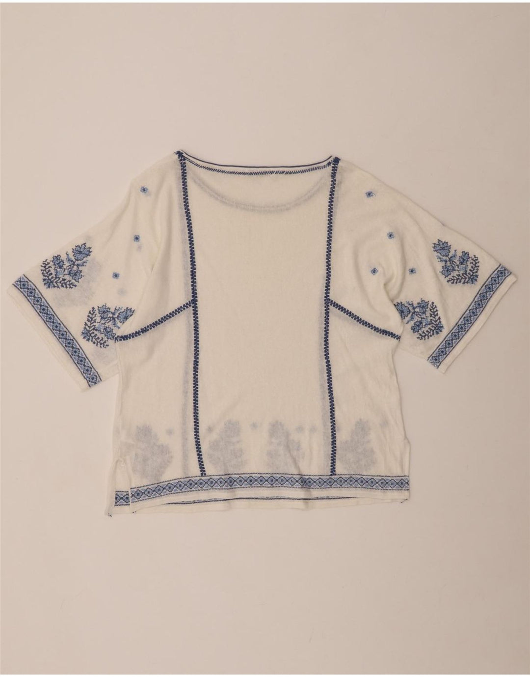 MONSOON Damen-Blusenoberteil, UK-Größe 46, Größe L, gebrochenes Weiß, geblümtes Leinen