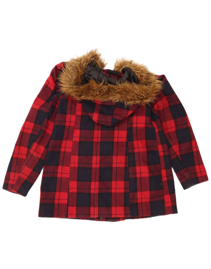 Miss Selfridge Damen-Dufflecoat mit Kapuze, UK 10, kleine rotkarierte Wolle