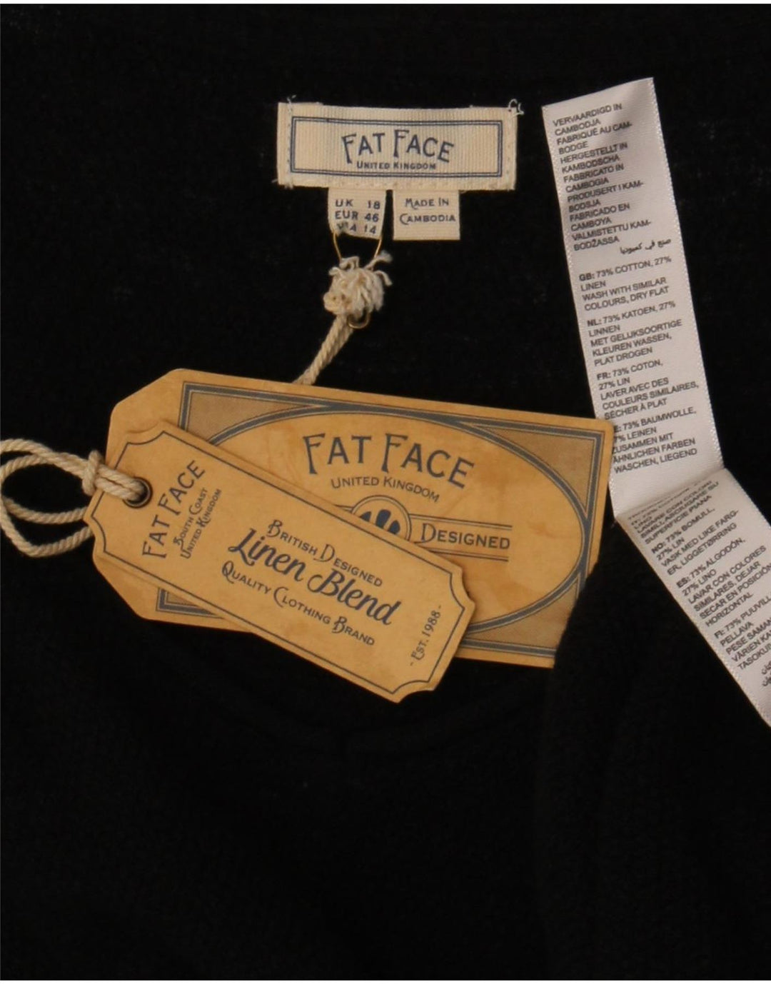 Fat Face Damen Bluse Top UK 18 XL Schwarz Baumwolle