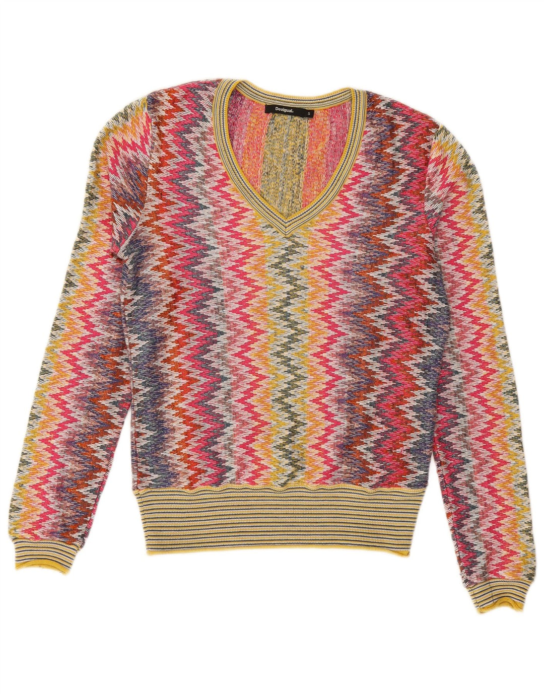 DESIGUAL Damen-Pullover mit V-Ausschnitt, UK 10, kleiner mehrfarbiger Chevron