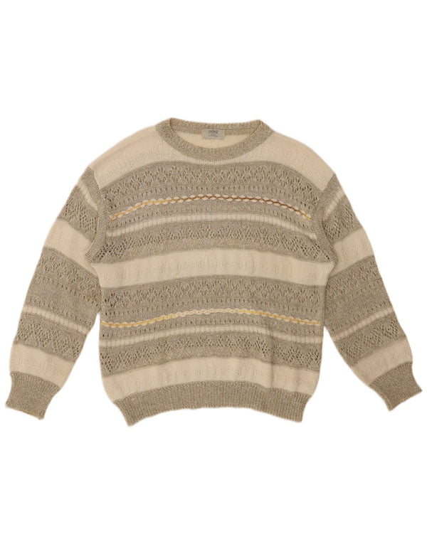 VINTAGE Damen-Pullover mit U-Boot-Ausschnitt, UK 14, große beige gestreifte Baumwolle