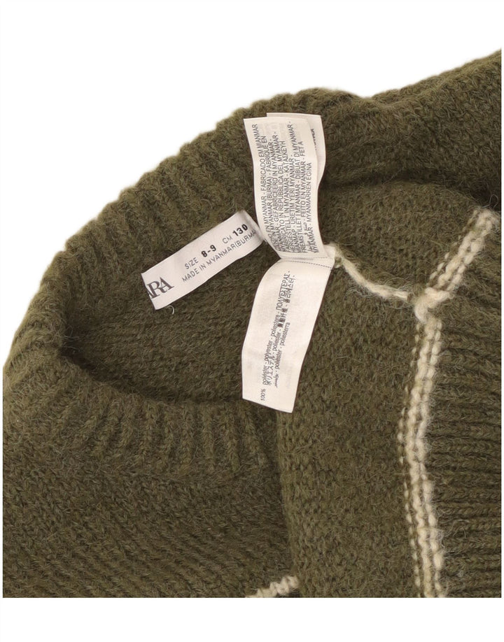 Zara Jungen-Pullover mit Rundhalsausschnitt, 8–9 Jahre, Khaki, gestreift, Polyester
