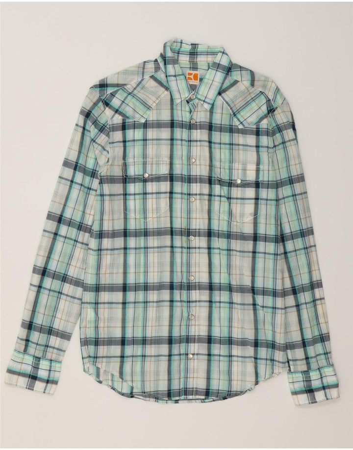 HUGO BOSS Herrenhemd aus mittelblau karierter Baumwolle