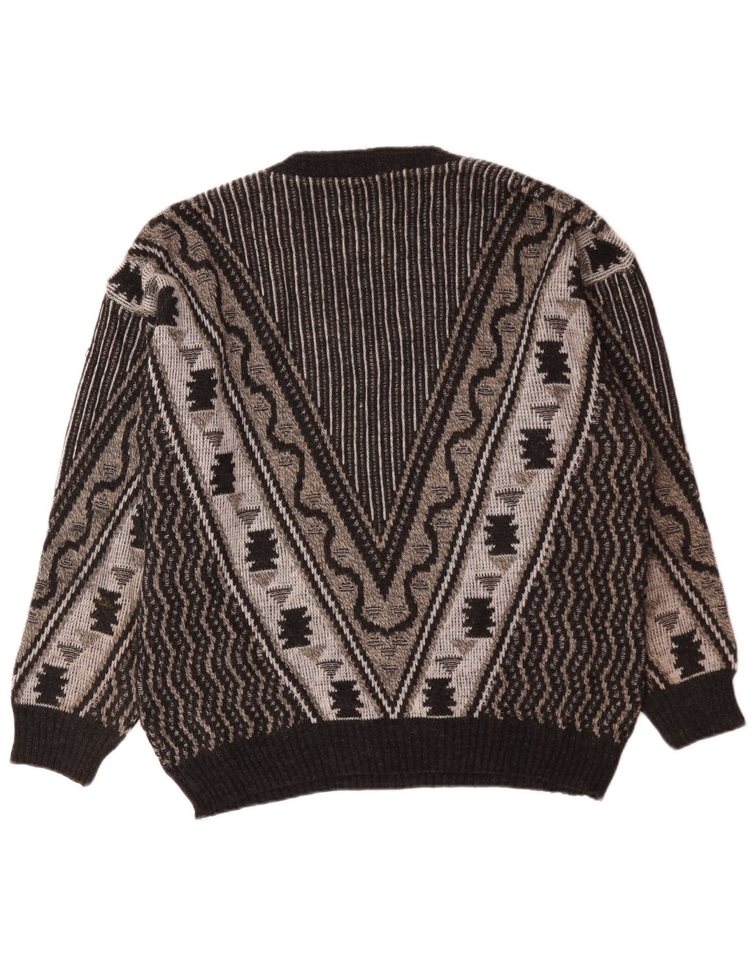 Vintage Herren Pullover mit V-Ausschnitt, groß, grau, geometrisch