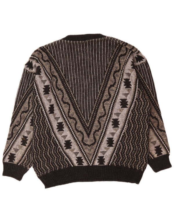 Vintage Herren Pullover mit V-Ausschnitt, groß, grau, geometrisch