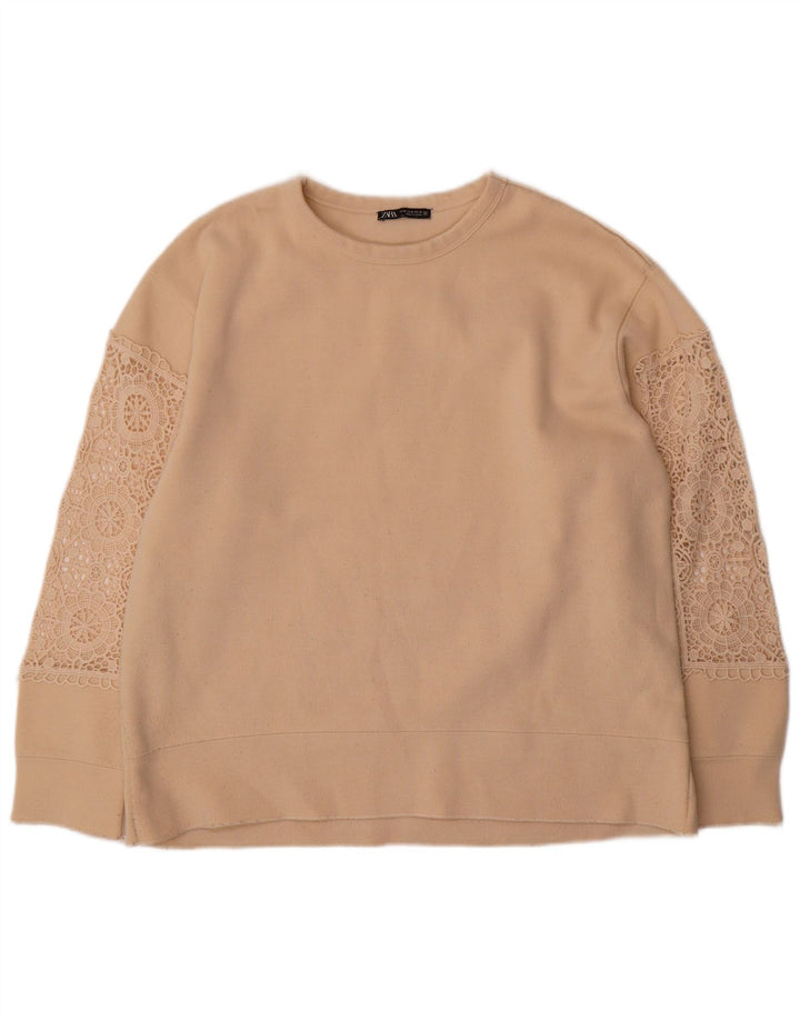 Übergroßer Damen-Sweatshirtpullover von Zara, UK 14, mittelbeige, geblümte Baumwolle