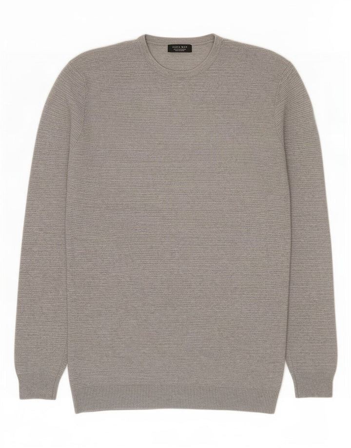 Zara Herren-Pullover mit Rundhalsausschnitt, groß, graue Baumwolle