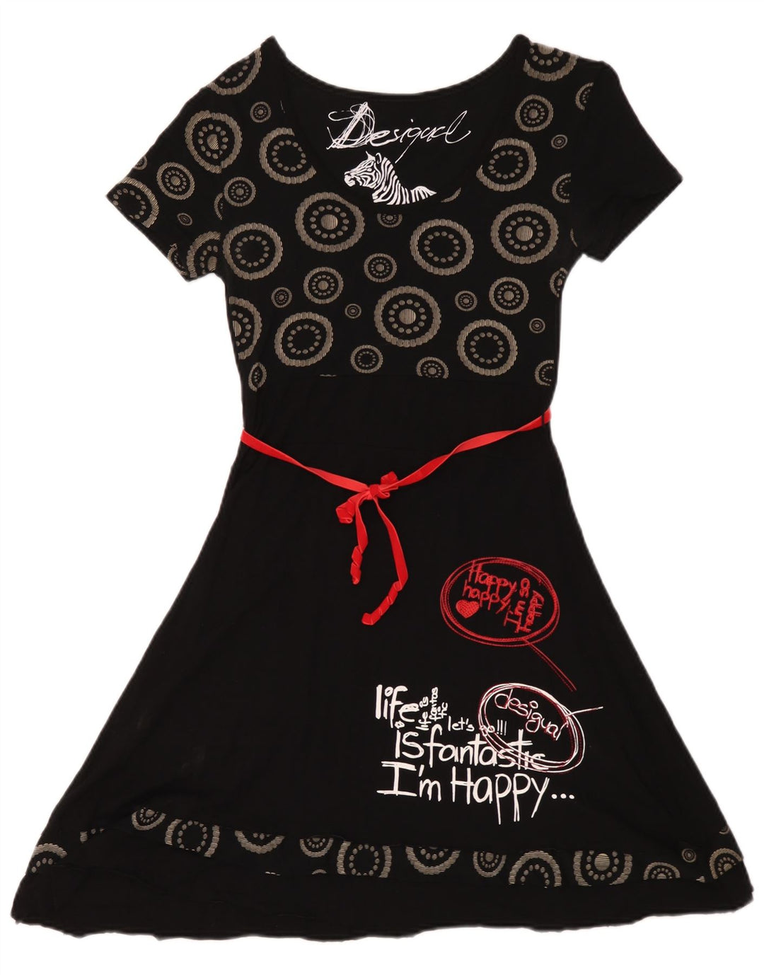 Desigual Damen Grafik-A-Linien-Kleid UK 12 Medium Schwarz Geometrisch