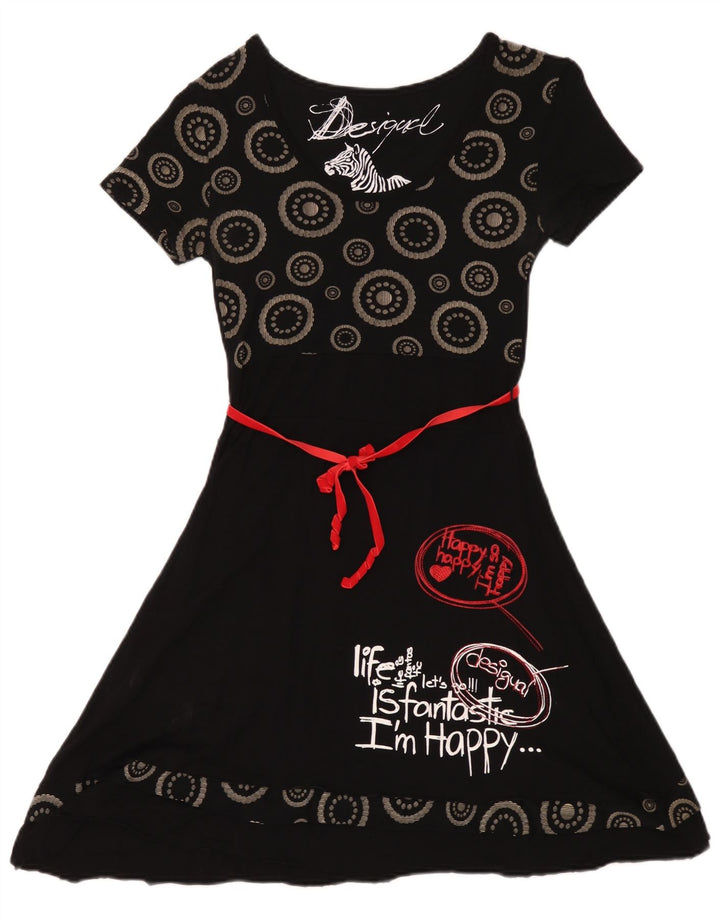 Desigual Damen Grafik-A-Linien-Kleid UK 12 Medium Schwarz Geometrisch