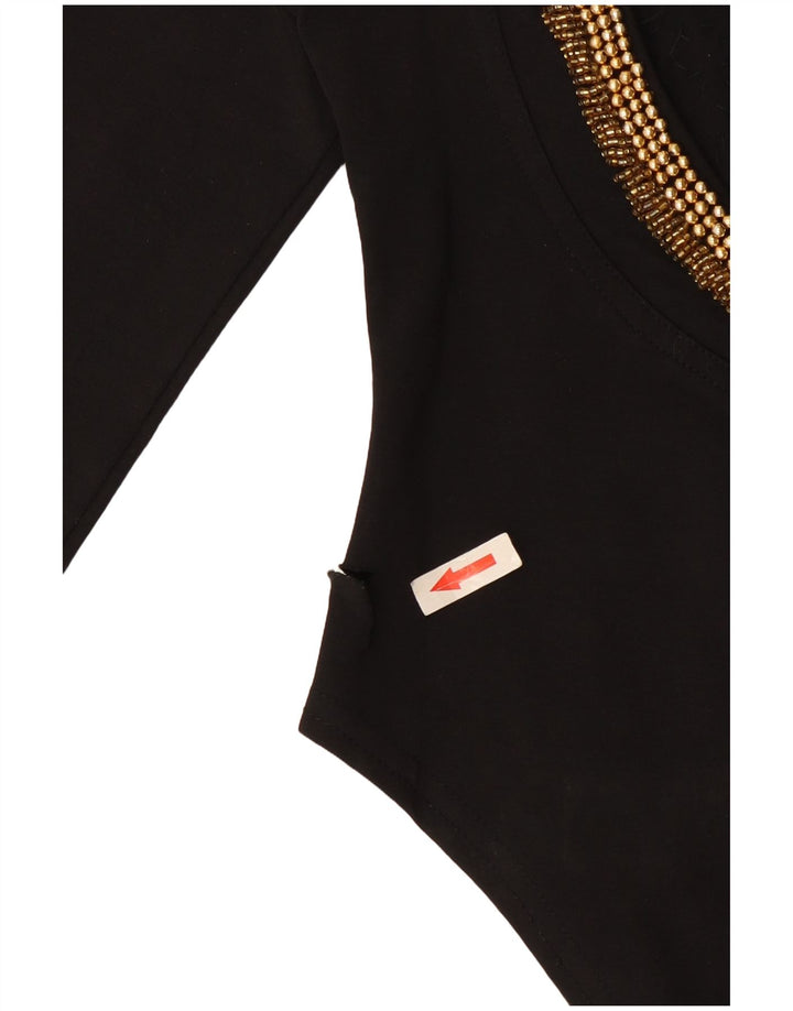 Vintage Damen Langarm-Body UK 12 Mittelschwarze Baumwolle