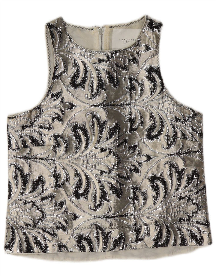 Vintage Damen Ärmelloses Blusentop UK 10 Kleines graues Paisley-Polyester