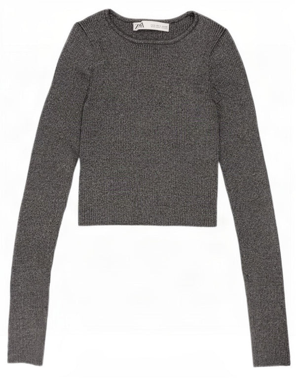 Zara Damen Crop Bluse Top UK 8 Small Silber meliert Viskose