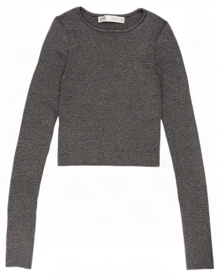 Zara Damen Crop Bluse Top UK 8 Small Silber meliert Viskose
