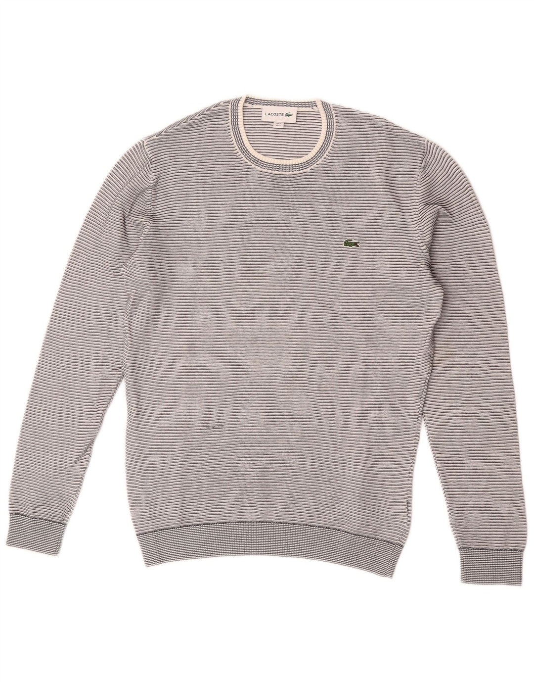 Lacoste Herren-Pullover mit Rundhalsausschnitt, Größe 3, klein, grau gestreift, Baumwolle