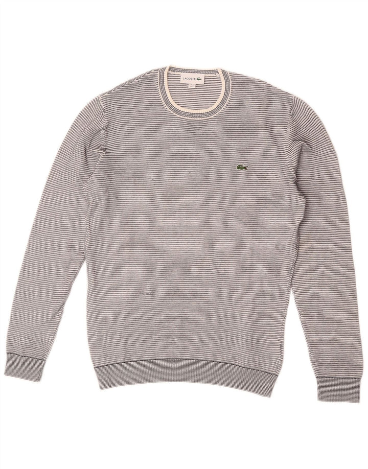 Lacoste Herren-Pullover mit Rundhalsausschnitt, Größe 3, klein, grau gestreift, Baumwolle