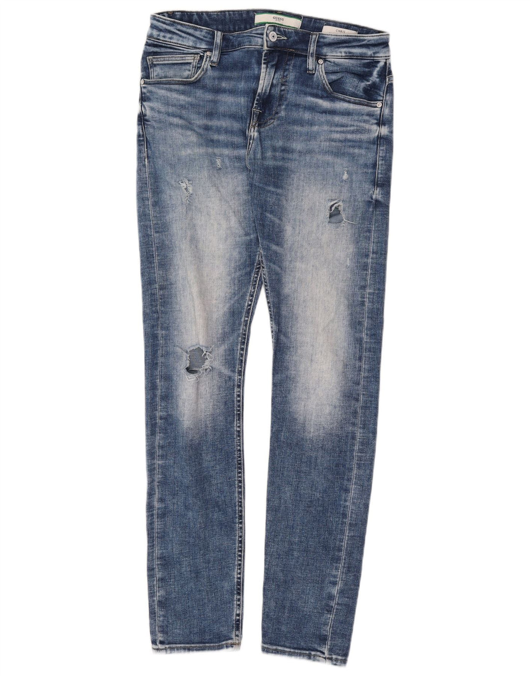 Guess Damen Chris Distressed Slim Jeans W30 L32 Blaue Baumwolle