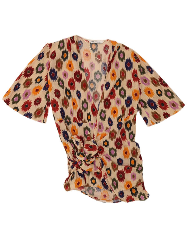 Zara Damen-Tunika-Top mit Bindeband vorne, UK 14, Mittelbeige, Ikat-Baumwolle