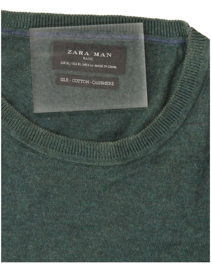 Zara Herren-Pullover mit Rundhalsausschnitt, XL, grüne Seide