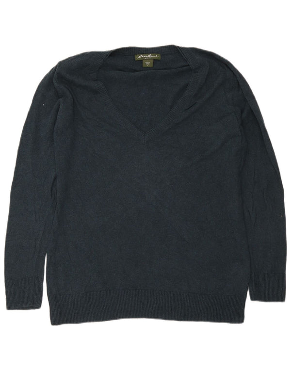 Eddie Bauer Womens V-Neck Jumper Sweater UK 16 Large Navy Blue Cotton
